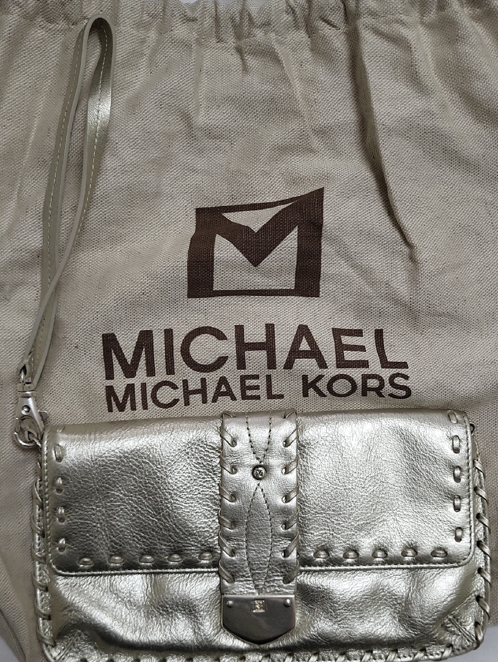 Michael Kors Metallic Silver Leather Wristlet Clutch
